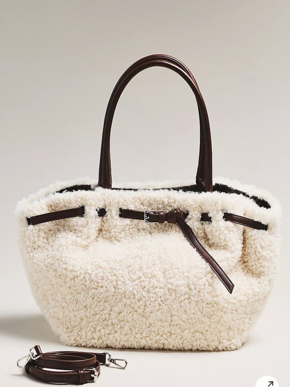 Anthropologie Belted Sherpa Tote Bag Cream Faux Shearling Shoulder Bag